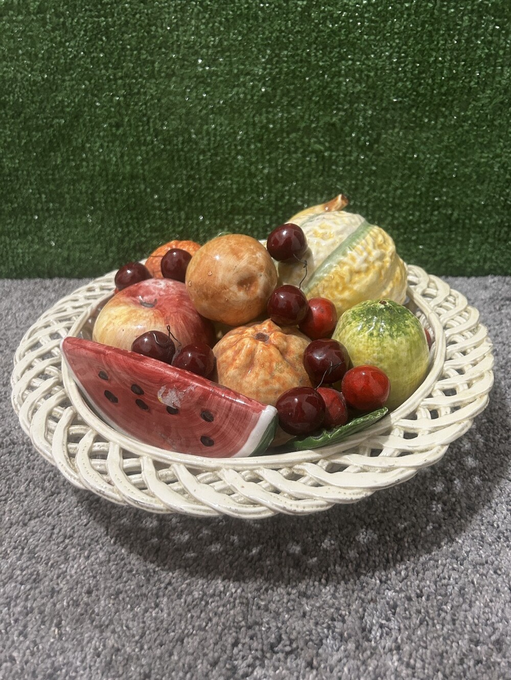 Vintage 1970s Bassano Italy Ceramic Hand-Painted Fruit Basket 